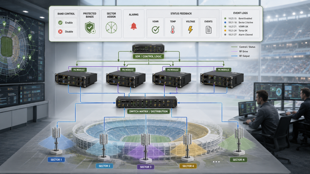 SDR control logic manages band enable rules, protected bands, alarms, and antenna sectors for C-UAS Frequency Strategy