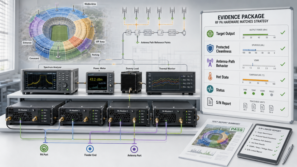Test bench evidence verifies C-UAS Frequency Strategy through target output, protected cleanliness, hot-state data, and S/N reports