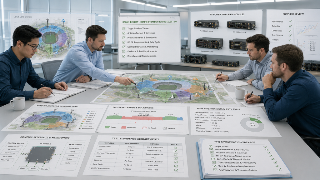 Engineers prepare an RFQ package that turns C-UAS Frequency Strategy into target bands, protected bands, sectors, and test requirements