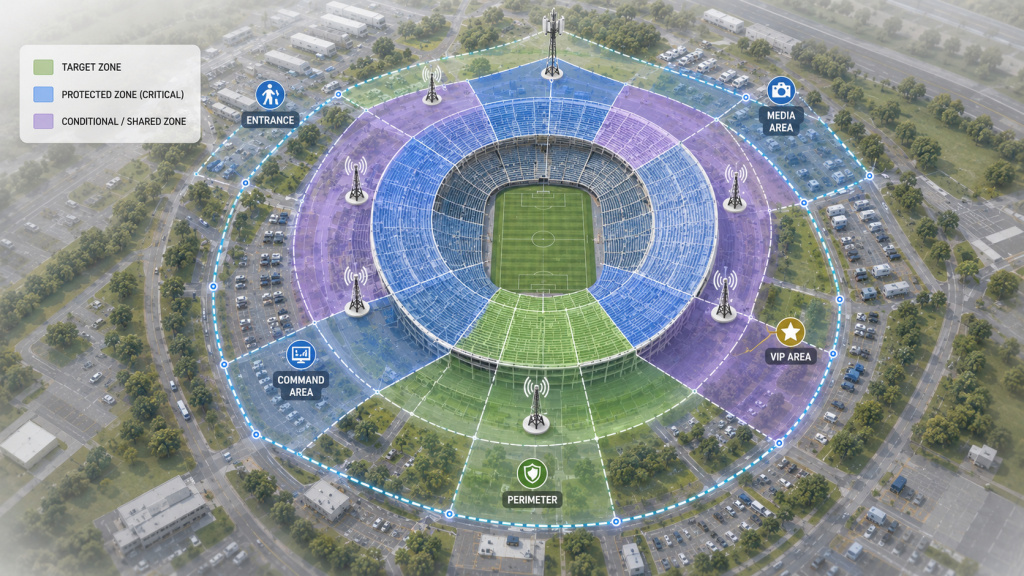 C-UAS Frequency Strategy overlay showing target, protected, and conditional zones across a large stadium venue