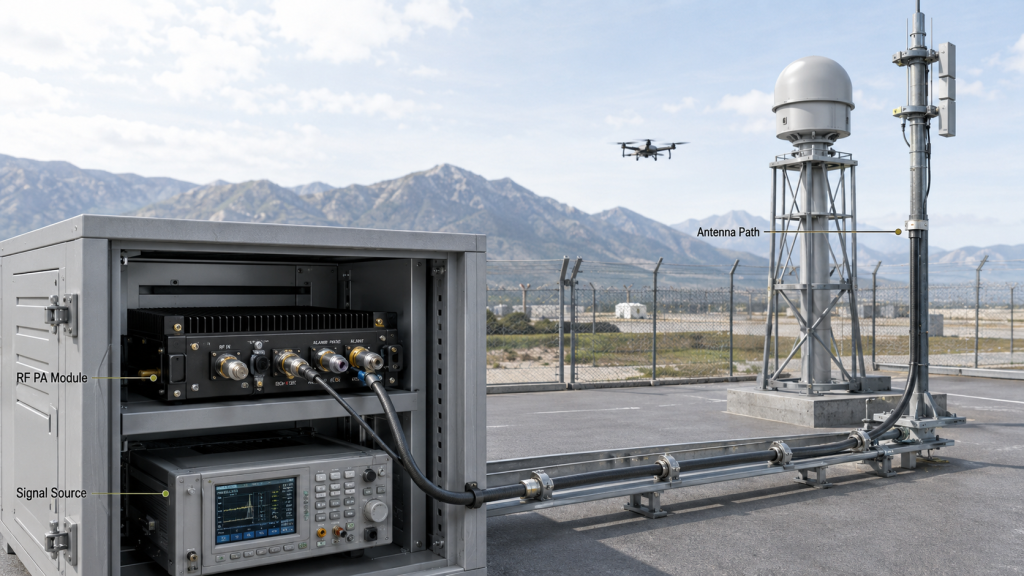 RF Power Amplifier Modules installed between signal source, feeder path, and antenna in a C-UAS RF chain.