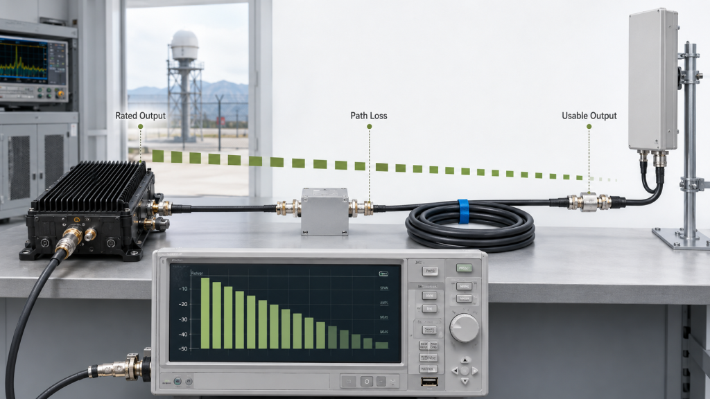RF Power Amplifier Modules tested for rated output, feeder loss, antenna-end output, and usable power in a C-UAS link.