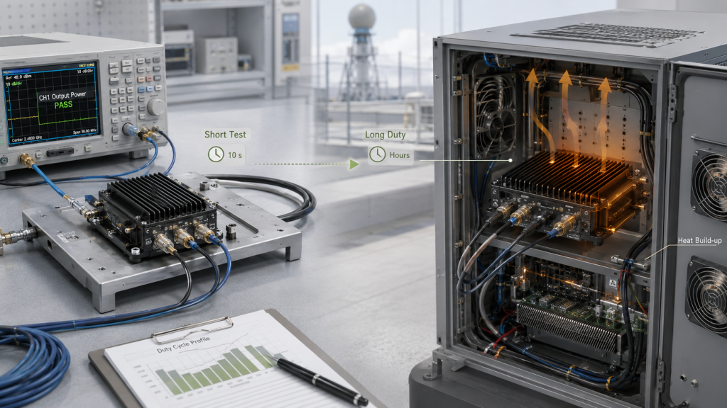 Short test and long-duty thermal evaluation for RF Power Amplifier Modules used in C-UAS systems.