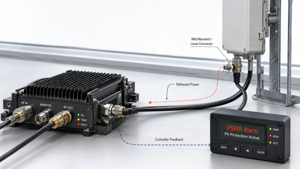 RF Power Amplifier Modules with reflected power detection, VSWR alarm, and controller feedback for antenna path protection.