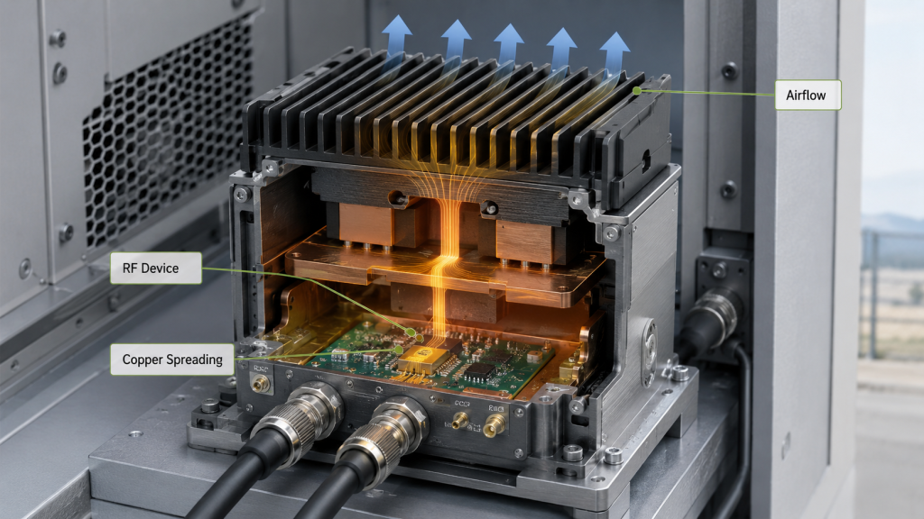 Cooling path of RF Power Amplifier Modules showing RF device heat transfer, copper spreading, heat sink, and airflow.