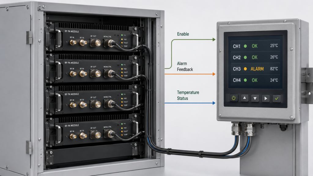 Multi-channel RF Power Amplifier Modules connected to a central controller with enable, alarm, temperature, and reset feedback.