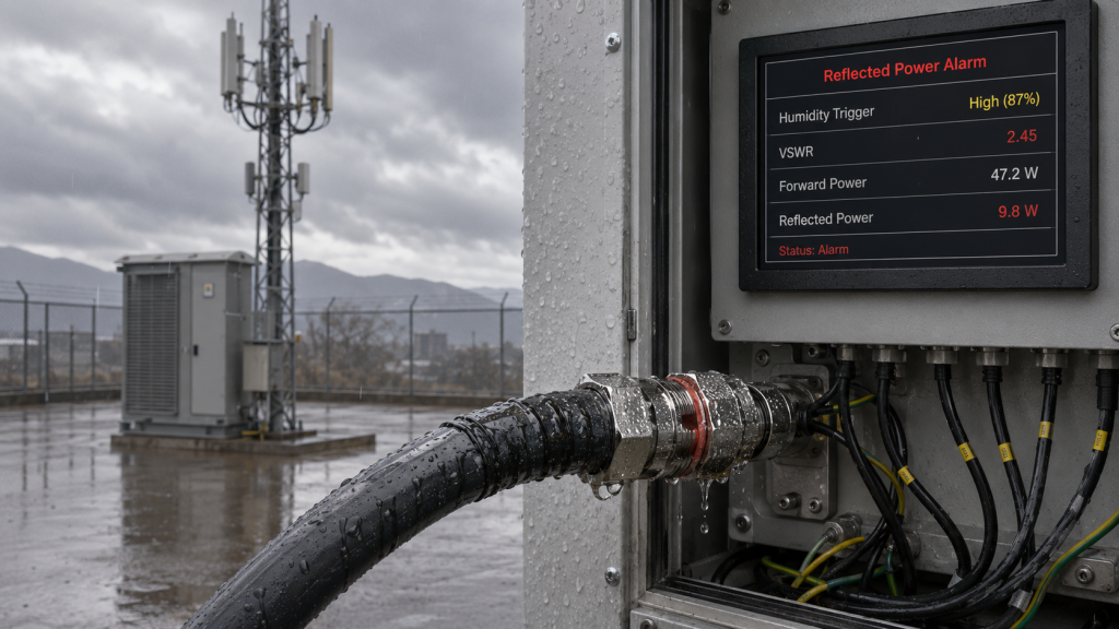 Reflected power alarm after rain caused by moisture exposure in the outdoor RF connector and feeder path.