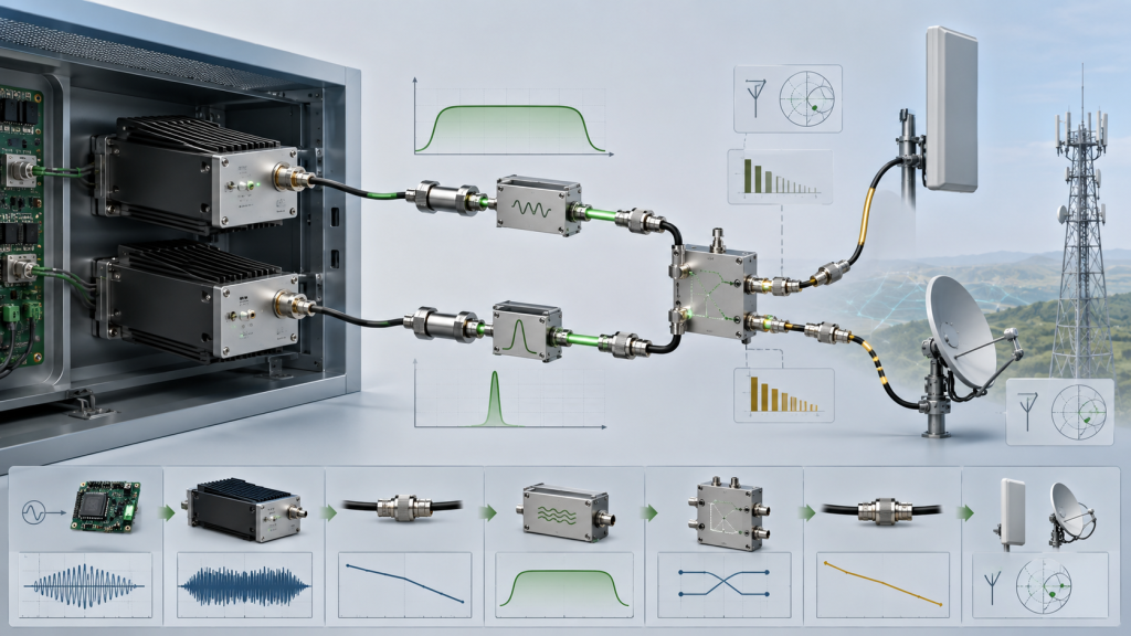 Complete RF emission path from SDR source to PA module, filter, feeder cable, and antenna with matching and VSWR protection checkpoints.