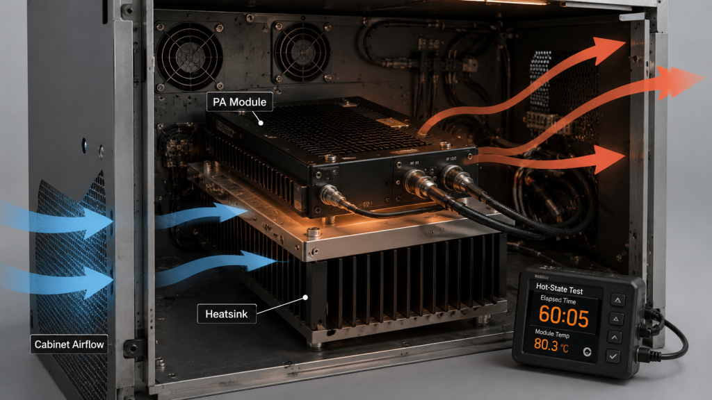 Custom RF PA frequency band causing thermal, current, airflow, and protection stress inside a high-power RF amplifier cabinet.