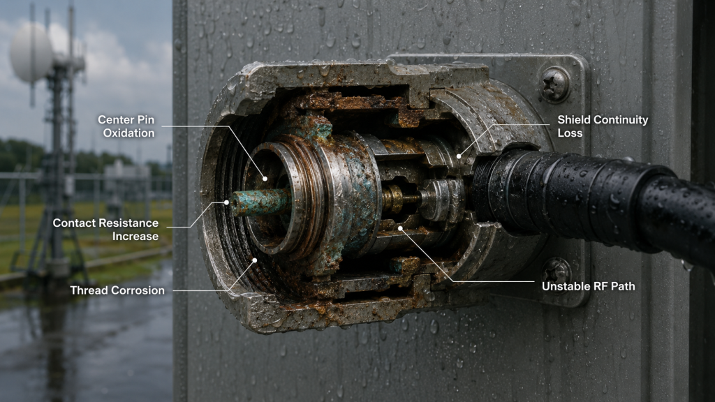 Corrosion on an RF connector increasing contact resistance and reducing shield continuity in an outdoor amplifier system.