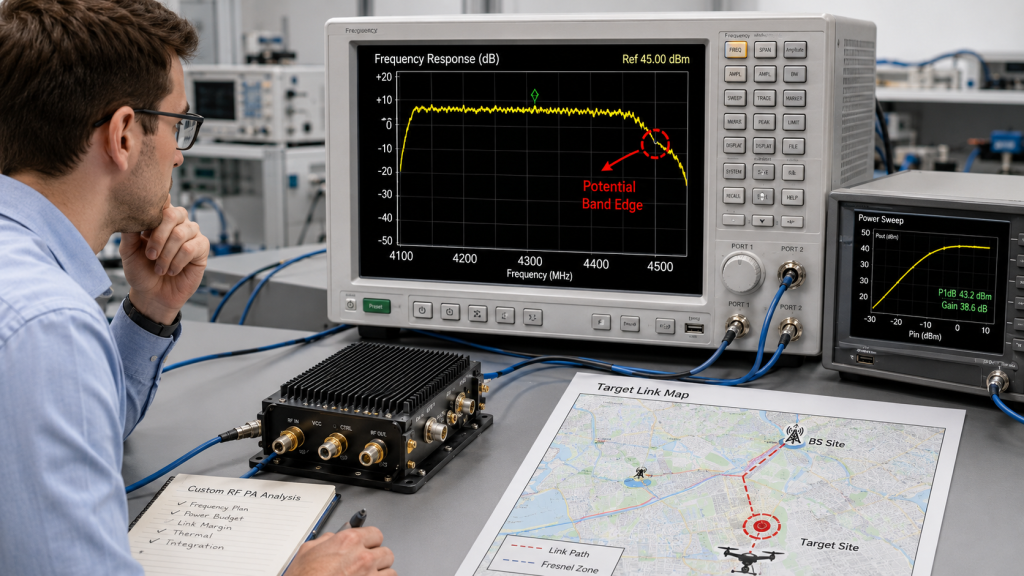 Standard RF PA band review showing a target link near the band edge of an RF power amplifier frequency range.