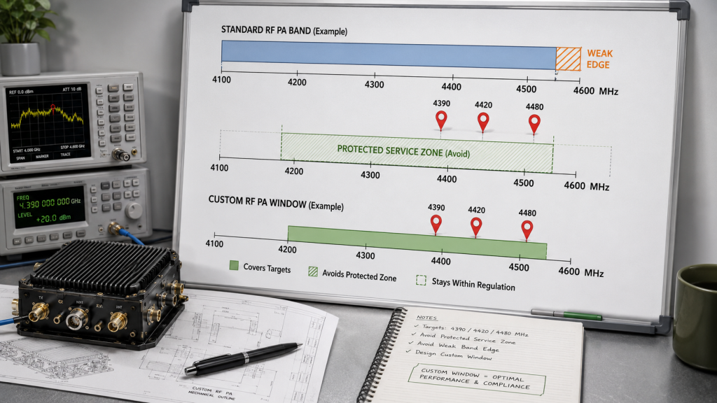 Custom RF PA frequency band triggers including target link gaps, weak band-edge performance, and protected RF zones.