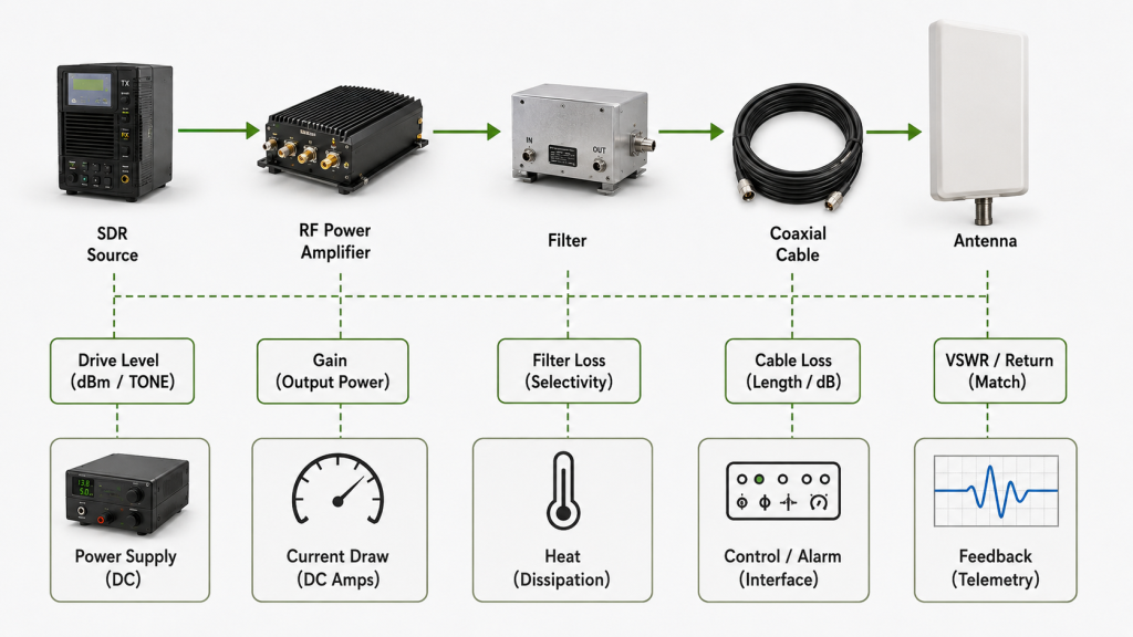 RF power amplifier frequency range affecting the full C-UAS RF chain from SDR to PA, filter, cable, and antenna.
