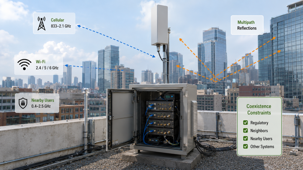 Urban rooftop C-UAS frequency planning with RF cabinet, antenna mast, cable loss, multipath, and surrounding signal challenges.