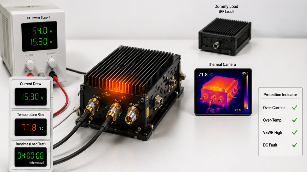 Custom RF PA frequency band testing under current draw, thermal load, and protection stress conditions.