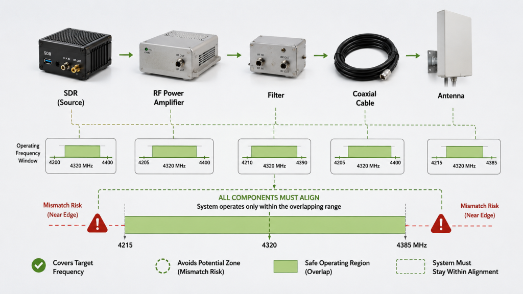 RF PA, SDR, filter, cable, and antenna matching within the same operating frequency window for C-UAS integration.