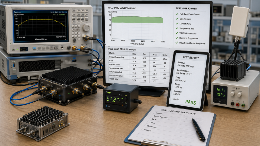 Full-band sweep and serial-number-linked test evidence proving a custom RF PA frequency band before acceptance.
