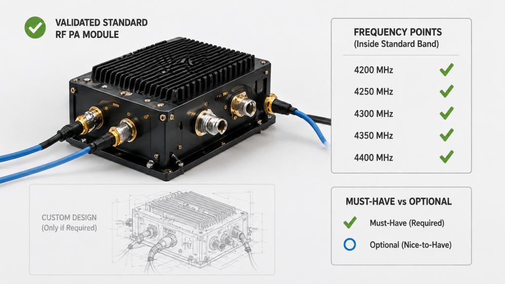 Validated standard RF PA band selection with stable output, thermal margin, antenna match, and test evidence.