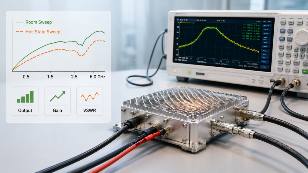 RF PA module test showing how temperature changes output, gain, and VSWR behavior across frequency points.