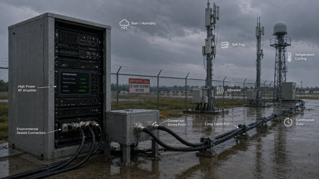 Outdoor C-UAS RF module installation with waterproof connectors, feeder cables, and antennas exposed to rain and humidity.