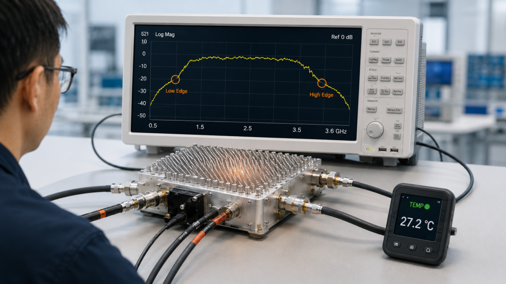 RF Power Amplifier Frequency Range test showing low and high band-edge sensitivity under temperature stress.