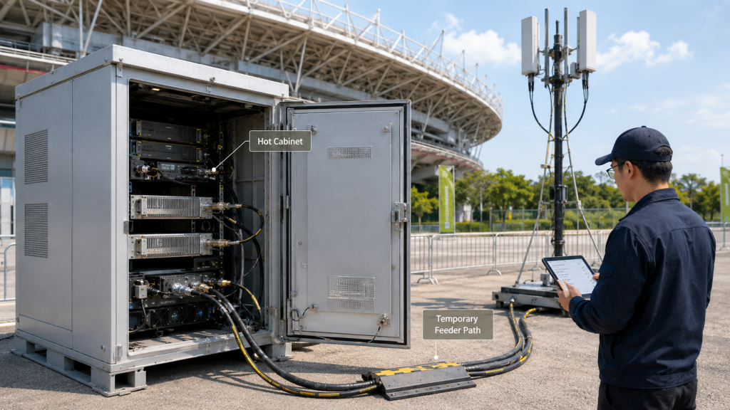 Temporary event C-UAS RF cabinet showing how outdoor heat can expose temperature-related frequency weakness.