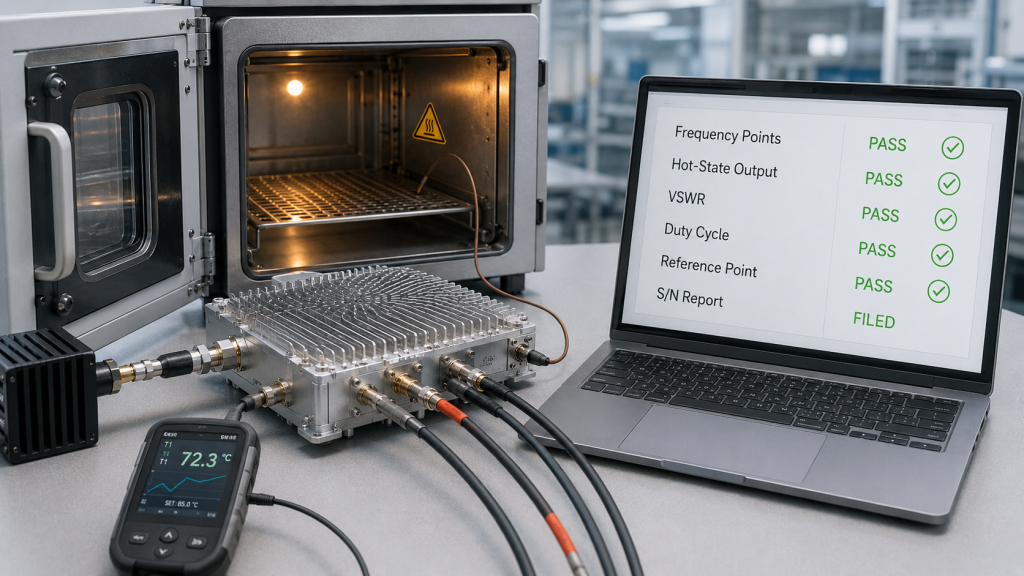 RF PA hot-state test setup proving frequency response with output, gain, VSWR, duty cycle, and reference point data.