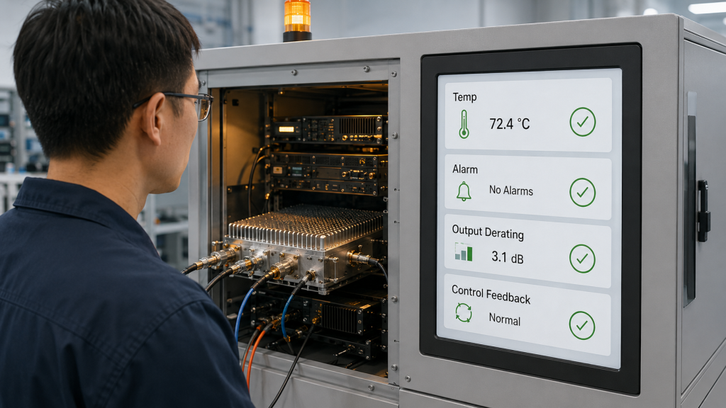 RF PA temperature protection monitor showing alarm, output derating, and control feedback during hot operation.