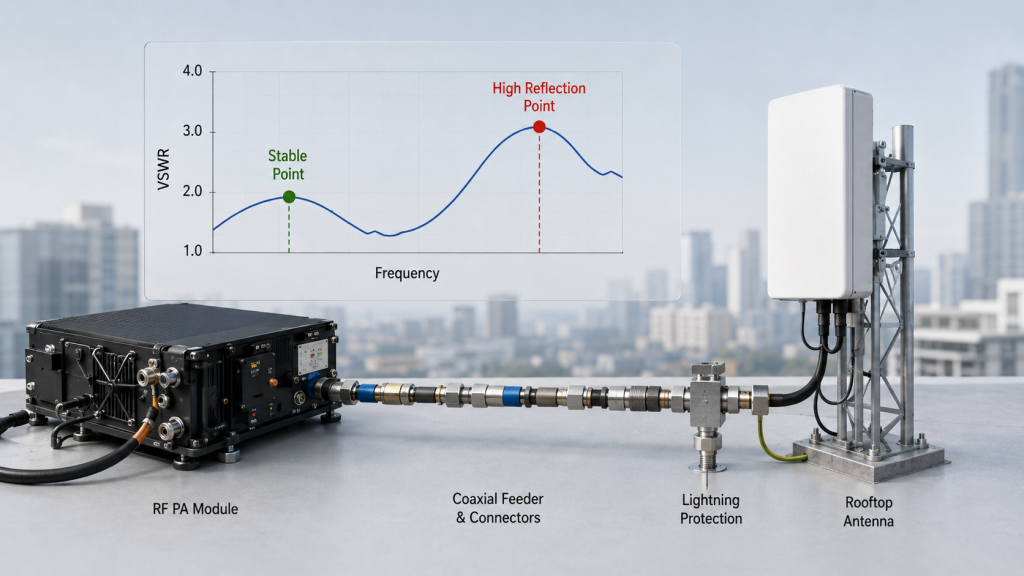 Frequency-specific VSWR shown across an RF PA module, feeder path, lightning protection, and rooftop antenna.