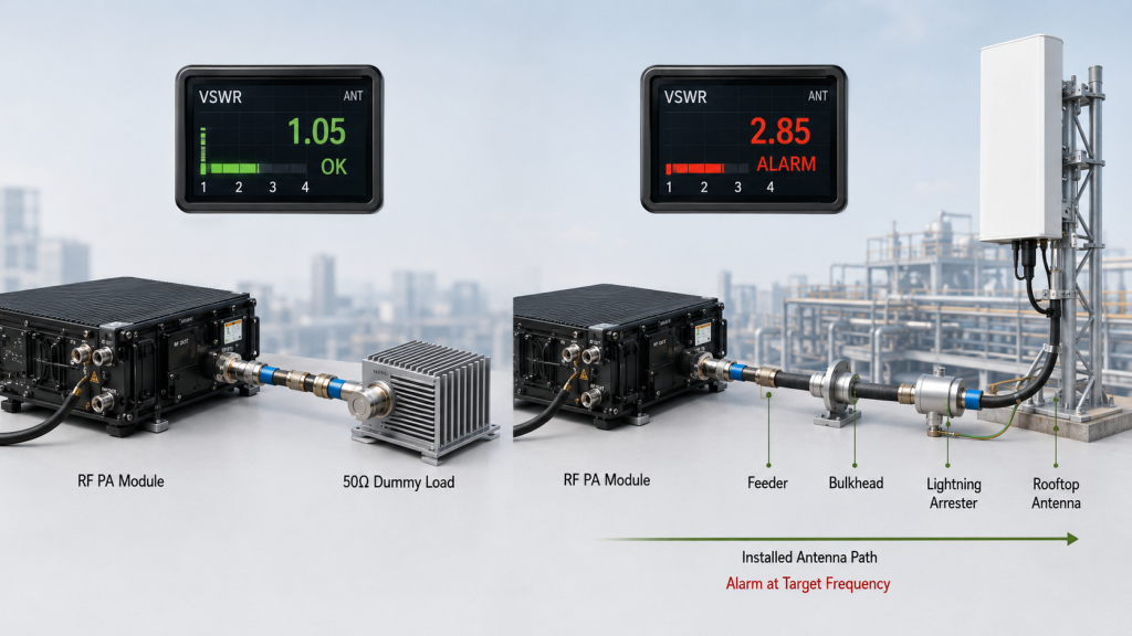 Dummy load test compared with installed antenna path test for frequency-specific VSWR in an RF PA system.