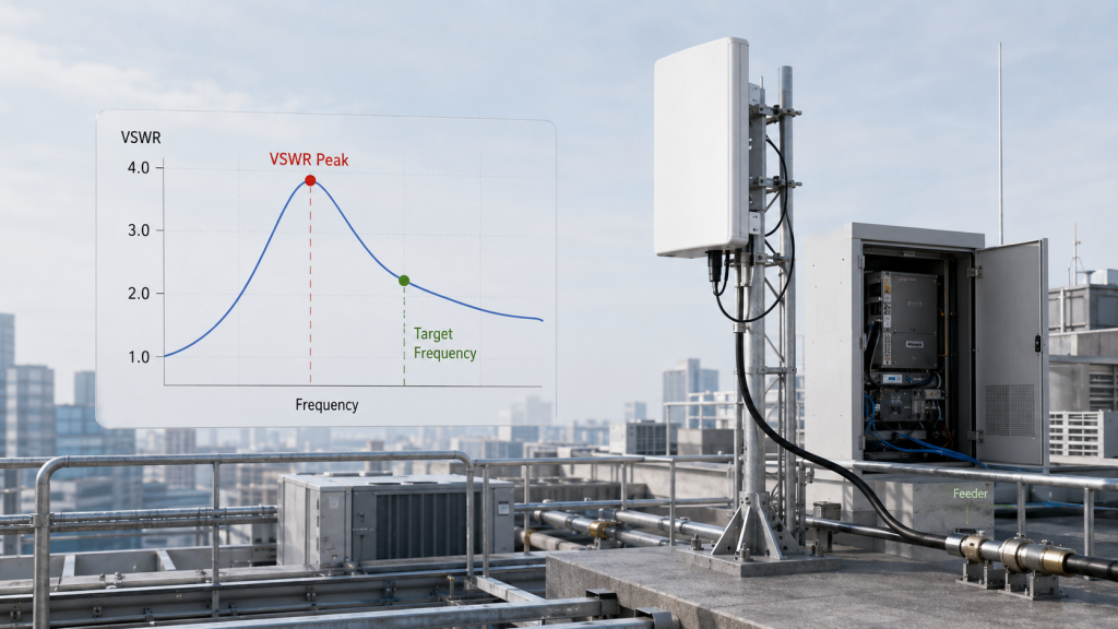 Rooftop antenna installation showing a VSWR peak at a target frequency within the rated antenna band.