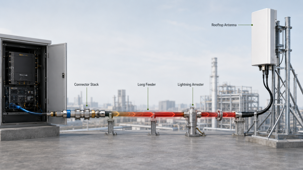 Long feeder cable, connector stack, bulkhead port, and lightning arrester creating frequency-dependent VSWR shifts.
