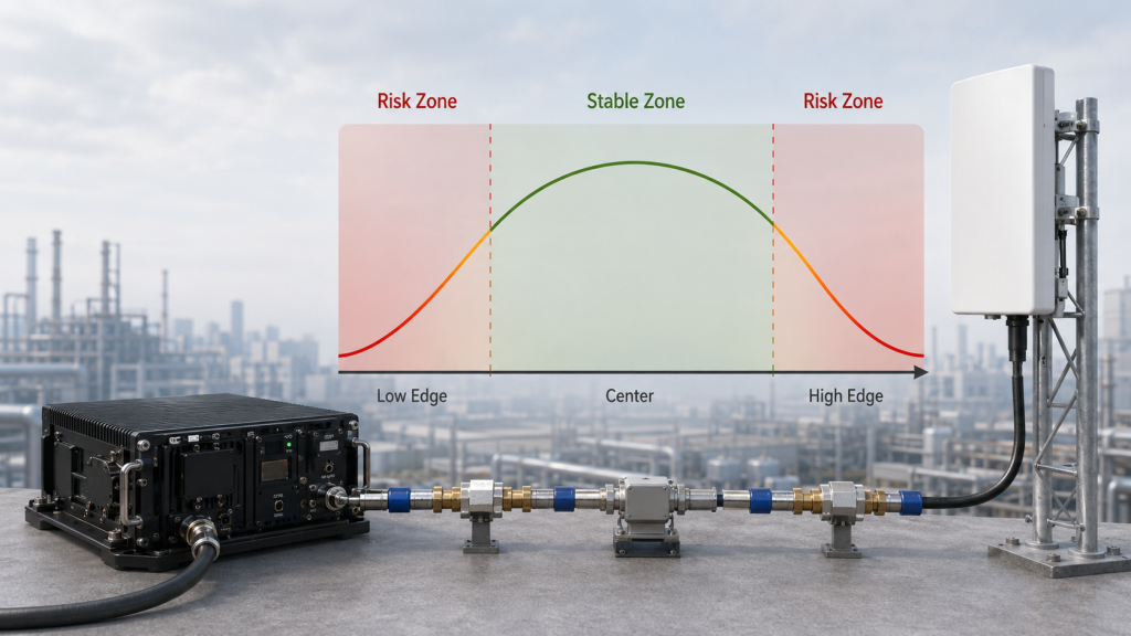 RF PA band-edge test showing higher reflected power risk near low and high frequency boundaries.