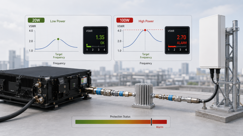 High-power RF PA test exposing reflected power and VSWR alarm risk at a target operating frequency.