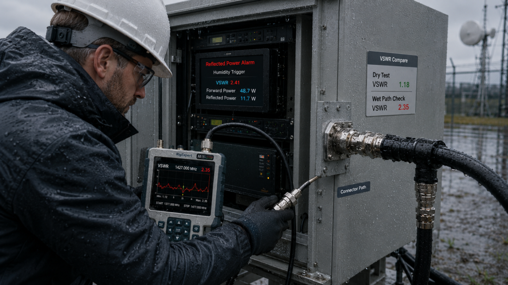 Engineer troubleshooting moisture-related reflected power alarm in an outdoor RF power amplifier cabinet.