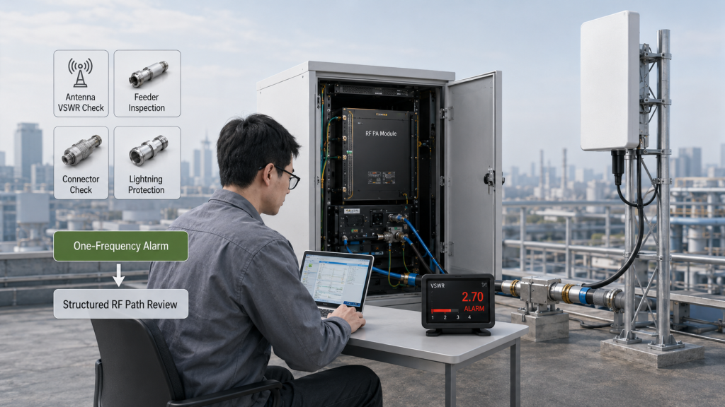 Engineer reviewing dummy load behavior, antenna VSWR, feeder path, filter transition, and alarm category after one-frequency VSWR alarm.
