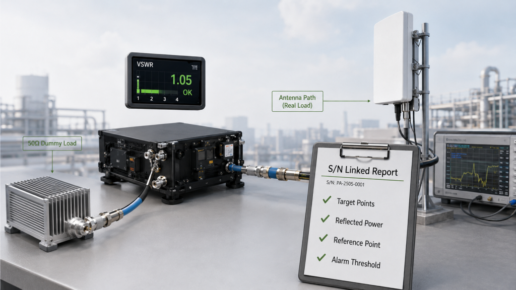 S/N-linked RF PA test evidence showing target frequency, reflected power, reference point, and VSWR alarm threshold.