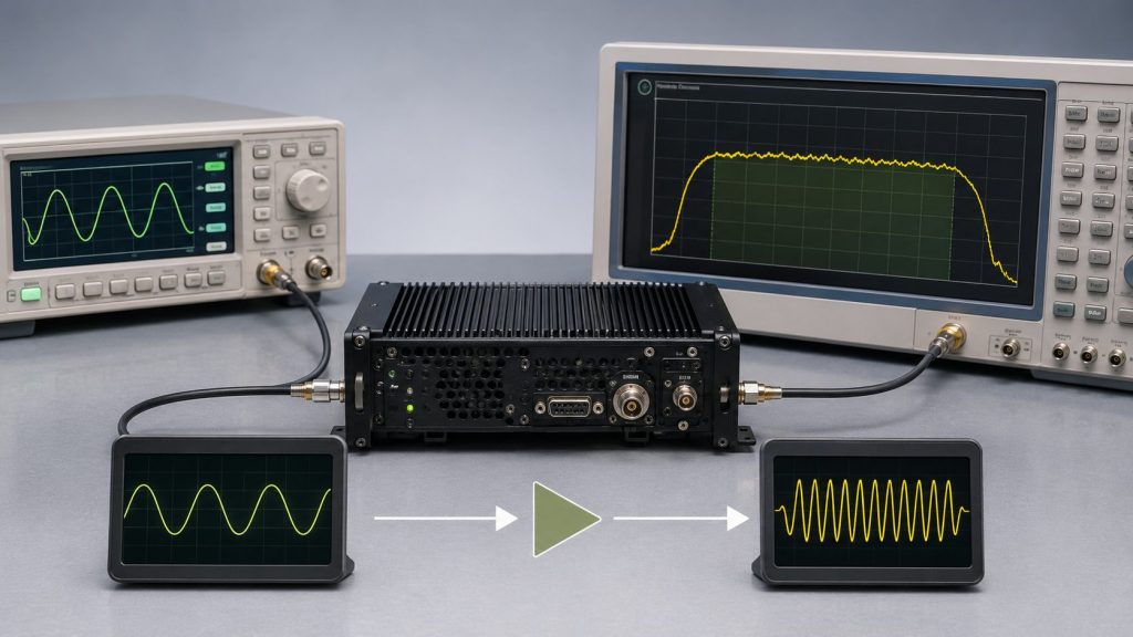 RF Power Amplifier Datasheet gain and gain flatness review across low, center, and high frequency points.
