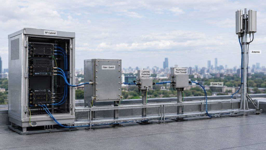Drone jammer module connected through RF cabinet, filter path, feeder cable, and antenna path for real system evaluation