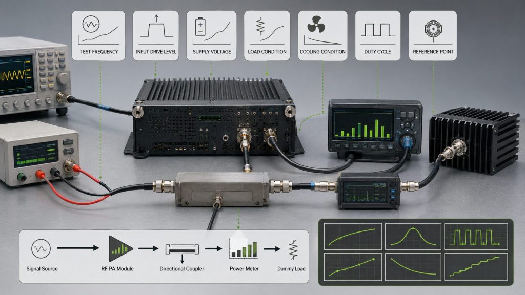 RF Power Amplifier Datasheet output power review showing PA-port measurement, test frequency, load condition, and output reference point.