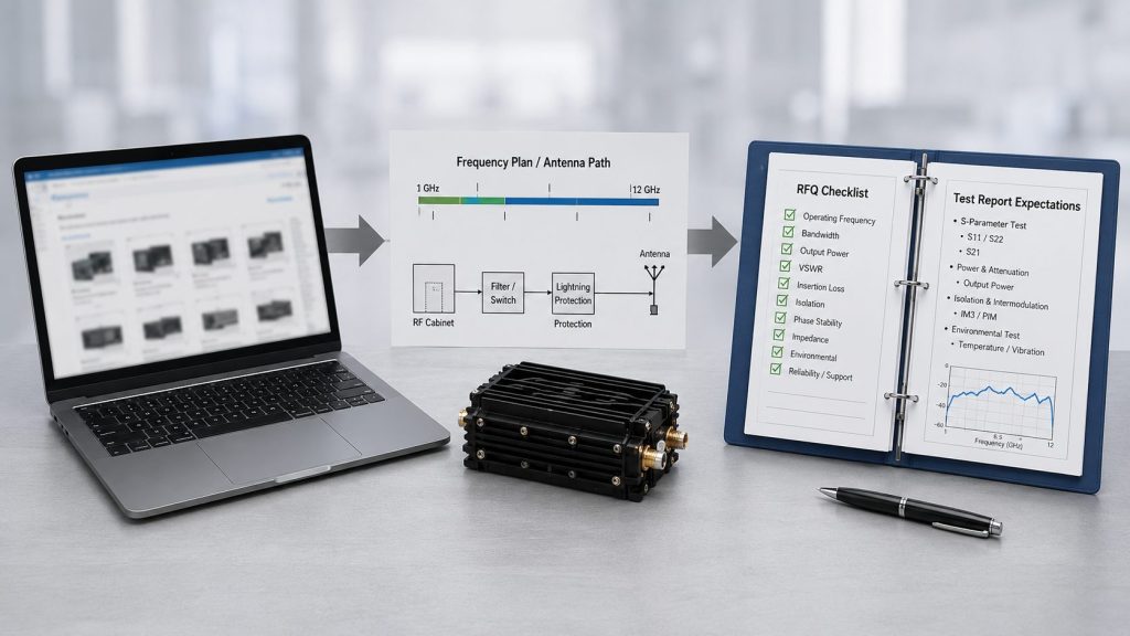 Drone jammer module RFQ checklist showing frequency range, antenna path, output target, protection needs, and test report expectations