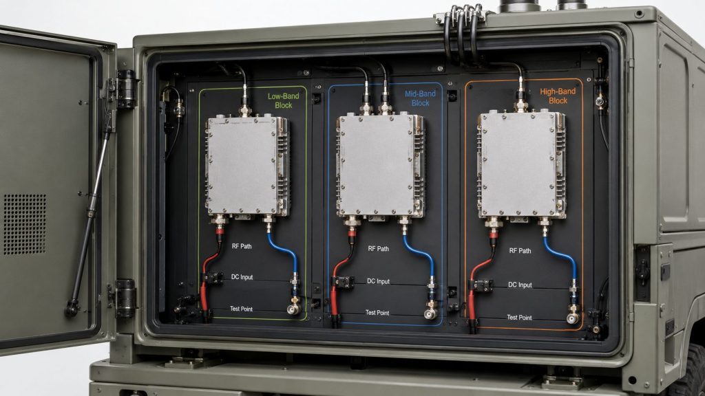 RF PA frequency blocks separated into low, mid, and high-band paths inside a multi-band C-UAS cabinet.