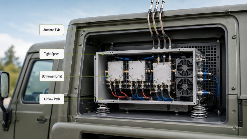 Compact vehicle C-UAS cabinet showing RF PA frequency block planning under space, power, airflow, and antenna routing limits.
