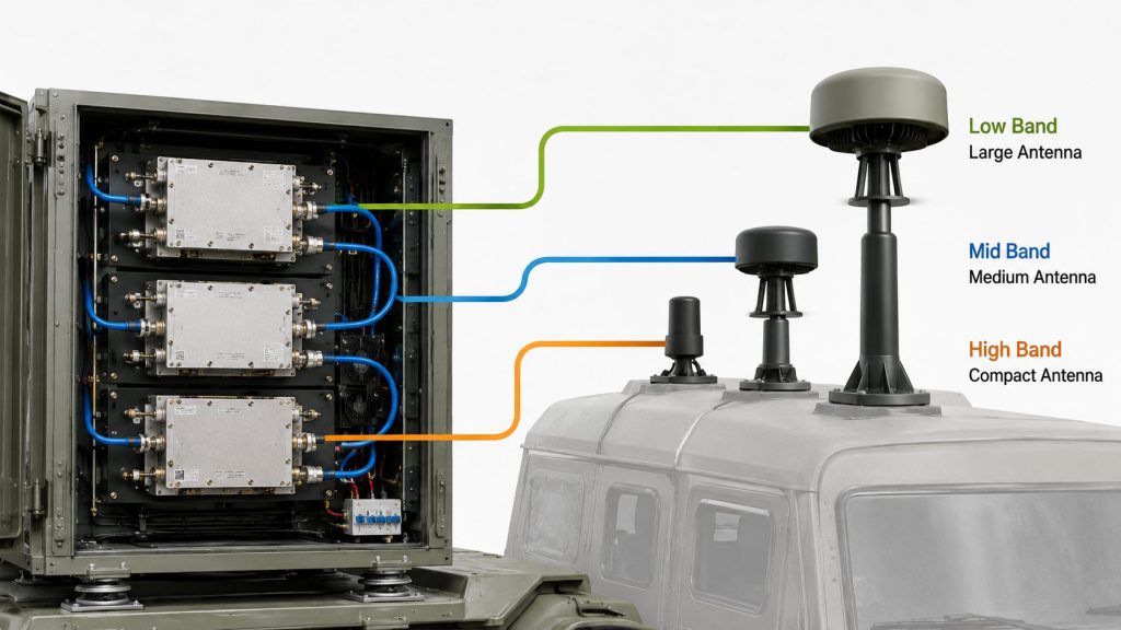 Low, mid, and high RF Power Amplifier Frequency Range groups connected to different vehicle antenna paths.