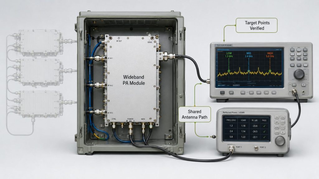 Wideband RF PA module being verified before replacing multiple narrower frequency blocks in a C-UAS cabinet.