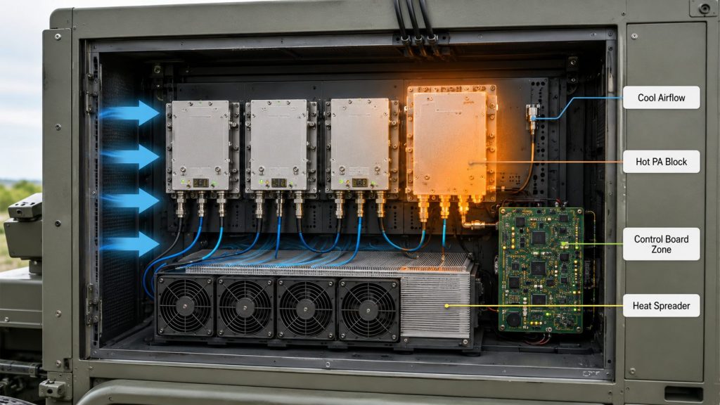 RF PA frequency blocks creating separate thermal zones, airflow paths, and heat management areas inside a vehicle cabinet.