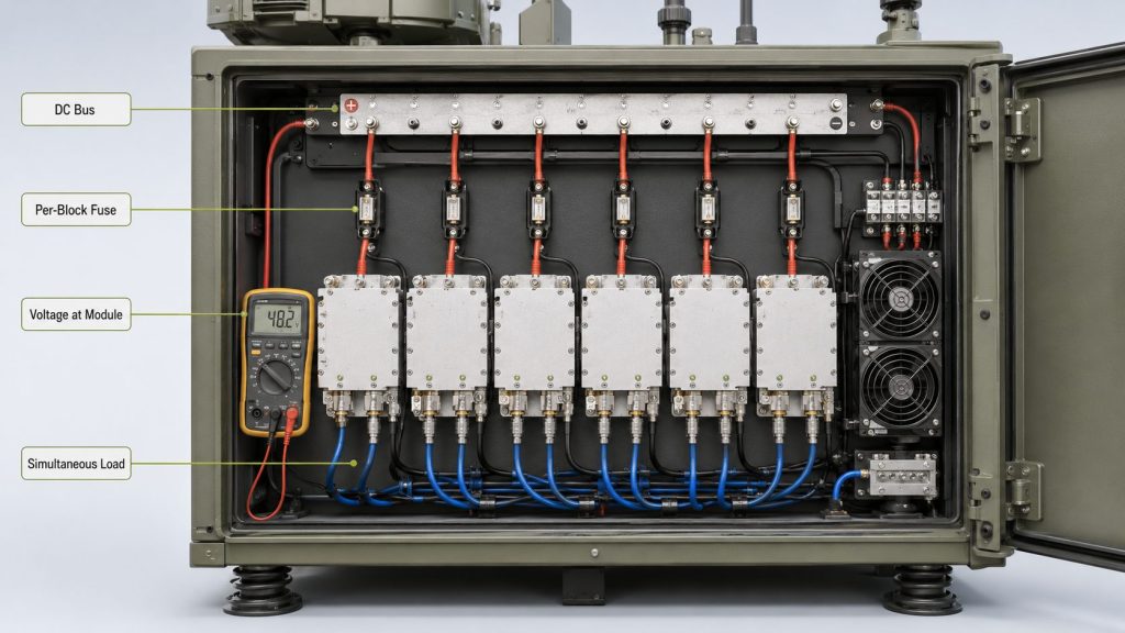 DC power distribution and per-block protection for RF PA frequency blocks in a multi-band vehicle C-UAS cabinet.