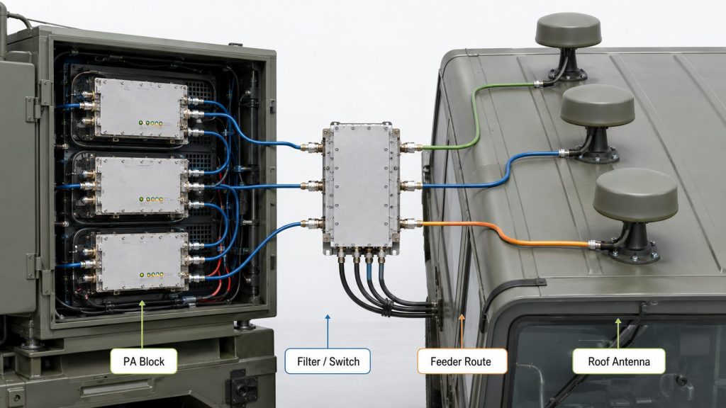 RF PA frequency blocks matched with feeder routes, filter paths, and low, mid, and high-band vehicle antennas.