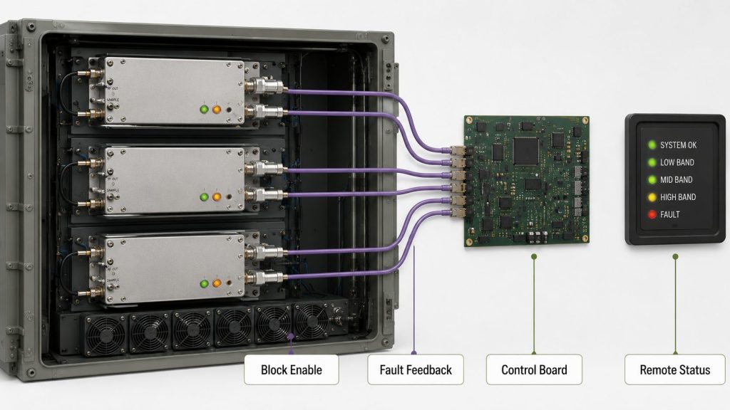Block-level control logic separating enable, status, and fault feedback for low, mid, and high RF PA paths.