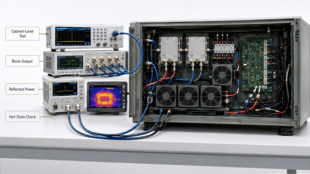 Cabinet-level test setup verifying RF PA frequency blocks, antenna paths, reflected power, voltage, and thermal behavior.